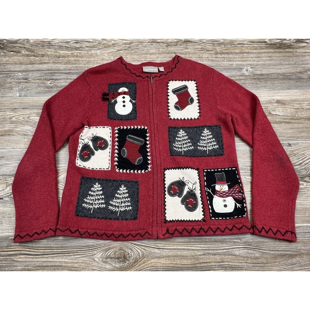 Vtg Christmas Sweater Womens PS Full‎ Zip Wool/Angora Grandma Core Whimsical